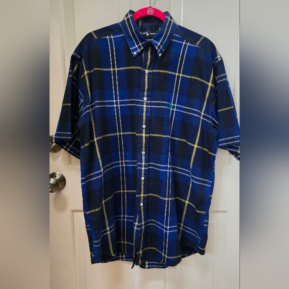 Ralph Lauren Men's Navy and Yellow Plaid Short Sleeves Shirt Size M